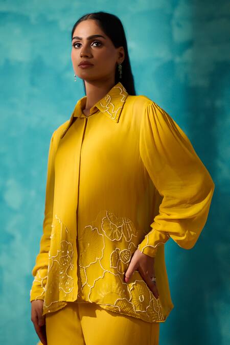 Buy_Meenal Paraswani_Yellow Viscose, Georgette Chains, Chikankari Embroidered Shirt And Pant Set _Online_at_Aza_Fashions