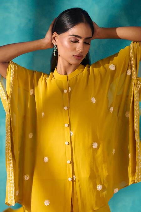Meenal Paraswani_Yellow Viscose Embroidery, Sequins, Beads Mandarin Chikankari Kaftan And Pant Set _Online_at_Aza_Fashions