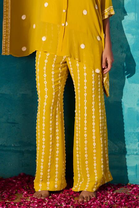 Buy_Meenal Paraswani_Yellow Viscose Embroidery, Sequins, Beads Mandarin Chikankari Kaftan And Pant Set _Online_at_Aza_Fashions