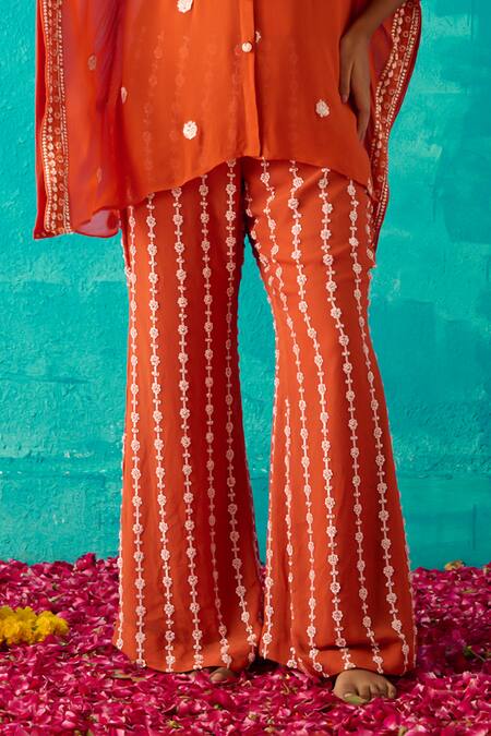 Meenal Paraswani_Orange Viscose, Georgette Sequins, Beads, Chikankari Kaftan And Pant Set _Online_at_Aza_Fashions