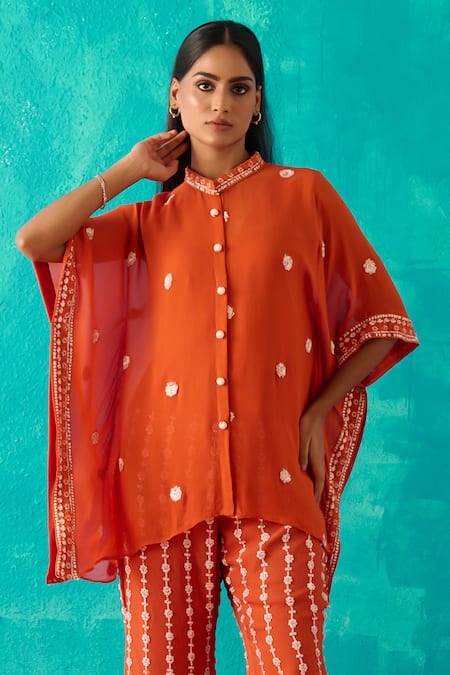 Buy_Meenal Paraswani_Orange Viscose, Georgette Sequins, Beads, Chikankari Kaftan And Pant Set _Online_at_Aza_Fashions