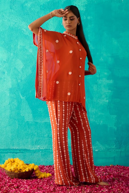 Shop_Meenal Paraswani_Orange Viscose, Georgette Sequins, Beads, Chikankari Kaftan And Pant Set _Online_at_Aza_Fashions