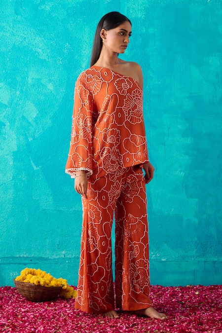 Meenal Paraswani_Orange Viscose, Georgette Chains, Chikankari One Shoulder Top And Pant Set _Online_at_Aza_Fashions
