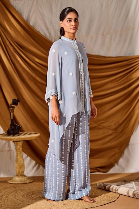 Meenal Paraswani_Blue Viscose, Georgette Sequins, Chikankari Embroidered Shirt Tunic And Pant Set _Online_at_Aza_Fashions