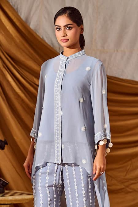 Buy_Meenal Paraswani_Blue Viscose, Georgette Sequins, Chikankari Embroidered Shirt Tunic And Pant Set _Online_at_Aza_Fashions