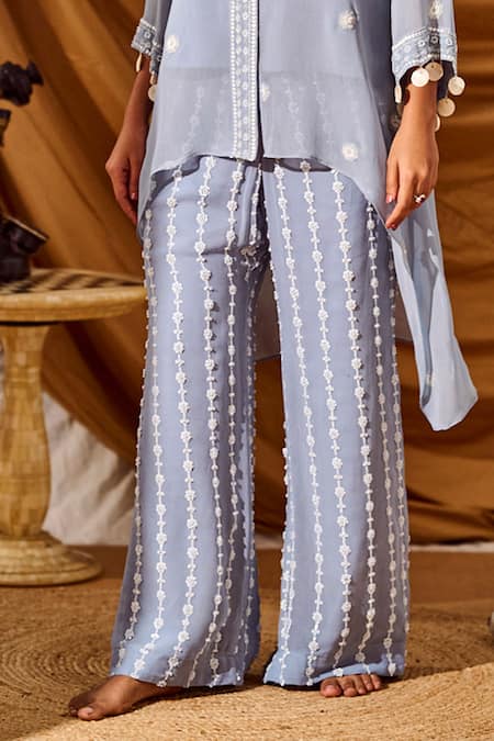 Shop_Meenal Paraswani_Blue Viscose, Georgette Sequins, Chikankari Embroidered Shirt Tunic And Pant Set _Online_at_Aza_Fashions