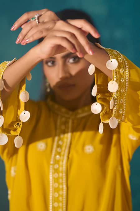 Meenal Paraswani_Yellow Viscose, Georgette Sequins, Cut Work, Chikankari Shirt Tunic And Pant Set _Online_at_Aza_Fashions