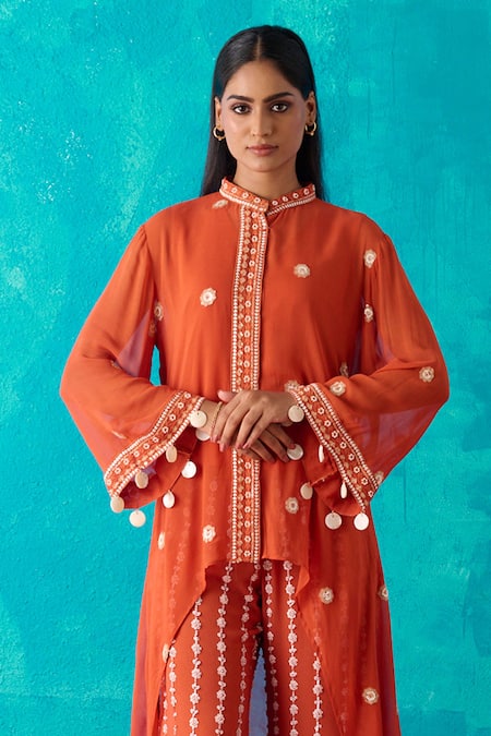 Meenal Paraswani_Orange Viscose, Georgette Asymmetric Chikankari Shirt Tunic And Pant Set _Online_at_Aza_Fashions