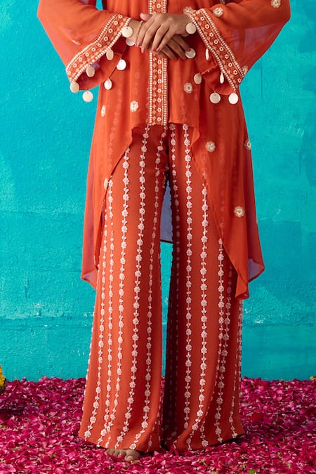 Buy_Meenal Paraswani_Orange Viscose, Georgette Asymmetric Chikankari Shirt Tunic And Pant Set _Online_at_Aza_Fashions
