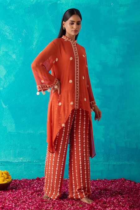 Shop_Meenal Paraswani_Orange Viscose, Georgette Asymmetric Chikankari Shirt Tunic And Pant Set _Online_at_Aza_Fashions