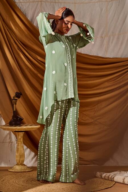 Meenal Paraswani_Green Viscose, Georgette Embroidery Bandeau Chikankari Shirt Tunic And Pant Set _Online_at_Aza_Fashions
