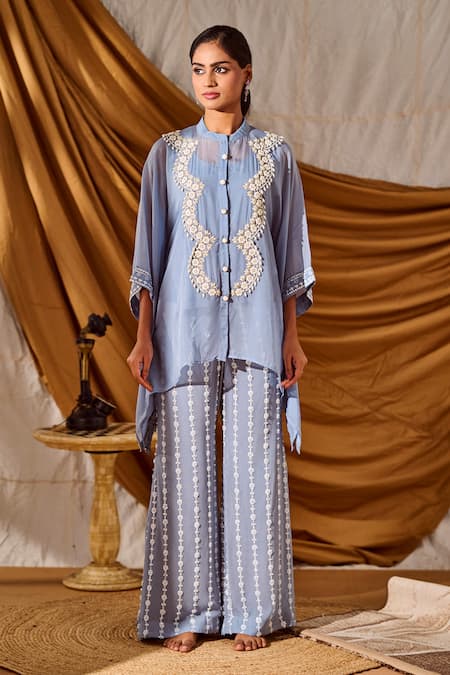 Meenal Paraswani_Blue Viscose Chains, Sequins, Embroidery Chikankari Kaftan Tunic And Pant Set _Online_at_Aza_Fashions
