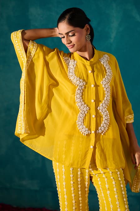 Meenal Paraswani_Yellow Viscose, Georgette Sequins, Cut Chikankari Embroidered Kaftan And Pant Set _Online_at_Aza_Fashions
