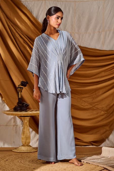 Meenal Paraswani_Blue Viscose, Georgette Cut Work, Sequins Floral Embroidered Kaftan And Pant Set _Online_at_Aza_Fashions