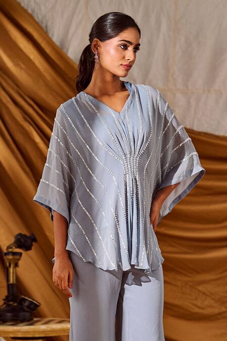 Buy_Meenal Paraswani_Blue Viscose, Georgette Cut Work, Sequins Floral Embroidered Kaftan And Pant Set _Online_at_Aza_Fashions