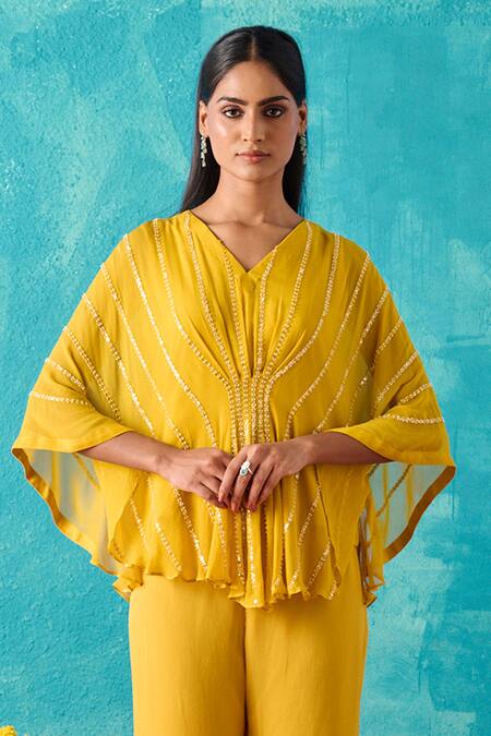 Buy_Meenal Paraswani_Yellow Viscose Sequins, Cut Work V-neck Chikankari Embroidered Kaftan And Pant Set _Online_at_Aza_Fashions