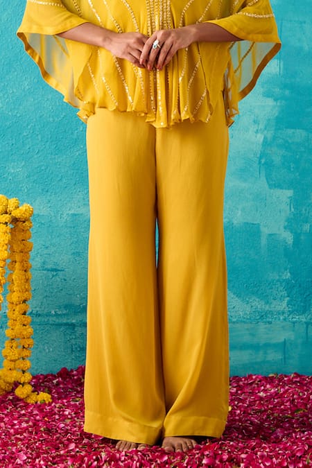 Shop_Meenal Paraswani_Yellow Viscose Sequins, Cut Work V-neck Chikankari Embroidered Kaftan And Pant Set _Online_at_Aza_Fashions