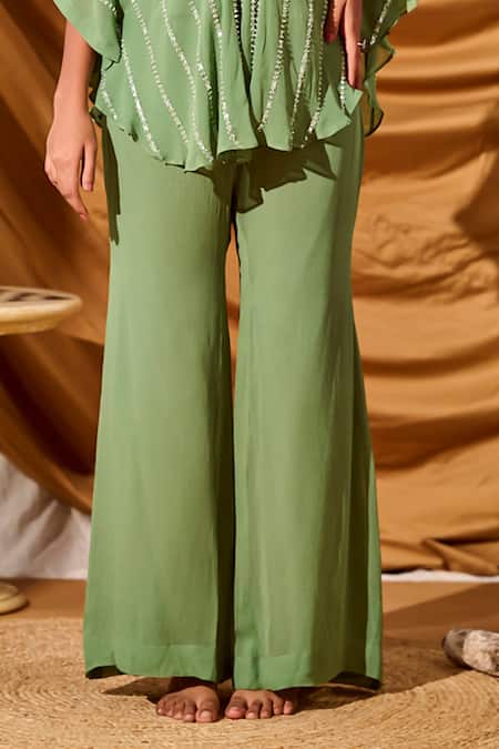 Meenal Paraswani Green Georgette, Viscose Embroidery V-neck Chikankari Kaftan And Pant Set Online at Aza Fashions Meenal Paraswani_Green Georgette, Viscose Embroidery V-neck Chikankari Kaftan And Pant Set _Online_at_Aza_Fashions