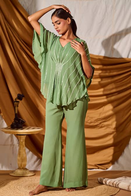 Shop Meenal Paraswani Green Georgette, Viscose Embroidery V-neck Chikankari Kaftan And Pant Set Online at Aza Fashions Shop_Meenal Paraswani_Green Georgette, Viscose Embroidery V-neck Chikankari Kaftan And Pant Set _Online_at_Aza_Fashions