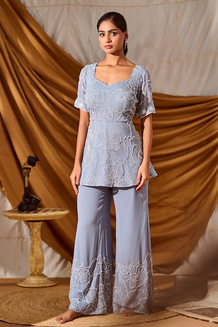 Meenal Paraswani Chikankari Work Peplum Top & Flared Pant Set 