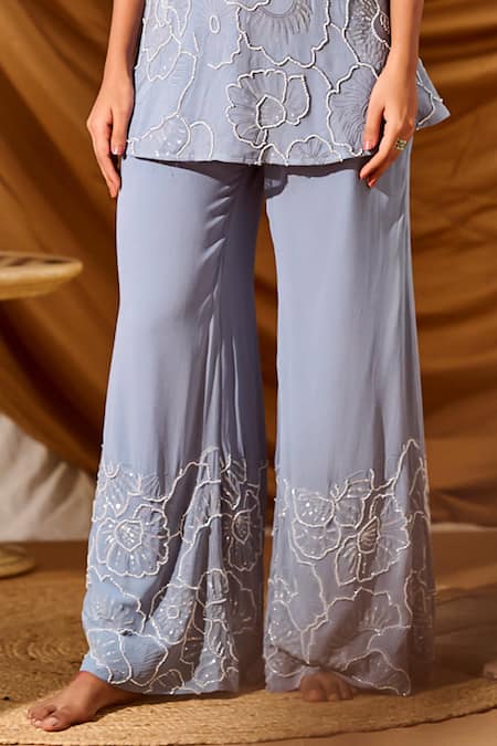 Meenal Paraswani_Blue Viscose, Georgette Chains, Embroidery, Chikankari Peplum Top And Pant Set _Online_at_Aza_Fashions