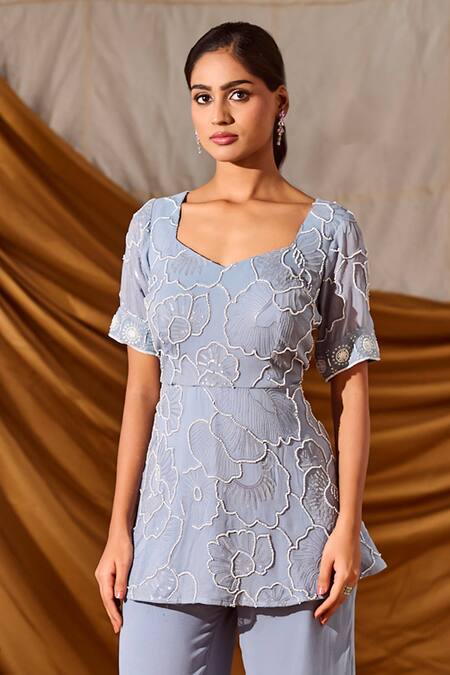 Buy_Meenal Paraswani_Blue Viscose, Georgette Chains, Embroidery, Chikankari Peplum Top And Pant Set _Online_at_Aza_Fashions