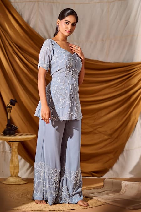 Shop_Meenal Paraswani_Blue Viscose, Georgette Chains, Embroidery, Chikankari Peplum Top And Pant Set _Online_at_Aza_Fashions