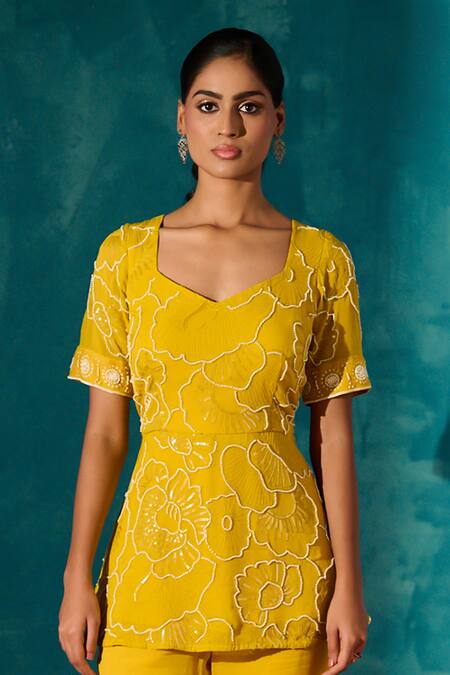 Meenal Paraswani_Yellow Viscose, Georgette Sequins, Embroidery Chikankari Peplum Top And Pant Set _Online_at_Aza_Fashions