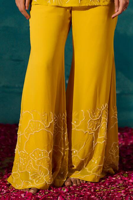 Buy_Meenal Paraswani_Yellow Viscose, Georgette Sequins, Embroidery Chikankari Peplum Top And Pant Set _Online_at_Aza_Fashions