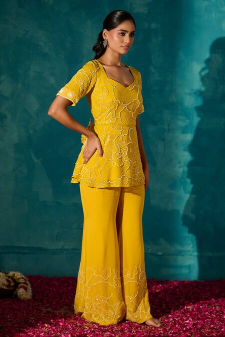 Shop_Meenal Paraswani_Yellow Viscose, Georgette Sequins, Embroidery Chikankari Peplum Top And Pant Set _Online_at_Aza_Fashions
