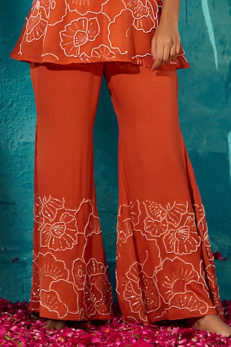 Shop_Meenal Paraswani_Orange Viscose, Georgette Chains, Embroidery, Floral Peplum Top And Pant Set _Online_at_Aza_Fashions