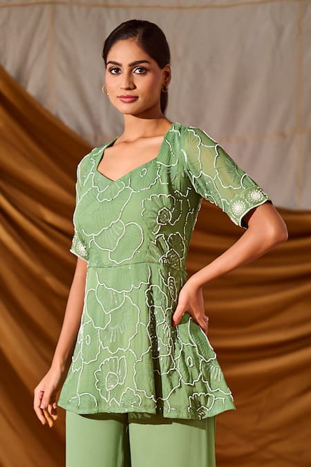 Meenal Paraswani Chikankari Embroidered Peplum Top & Pant Set 