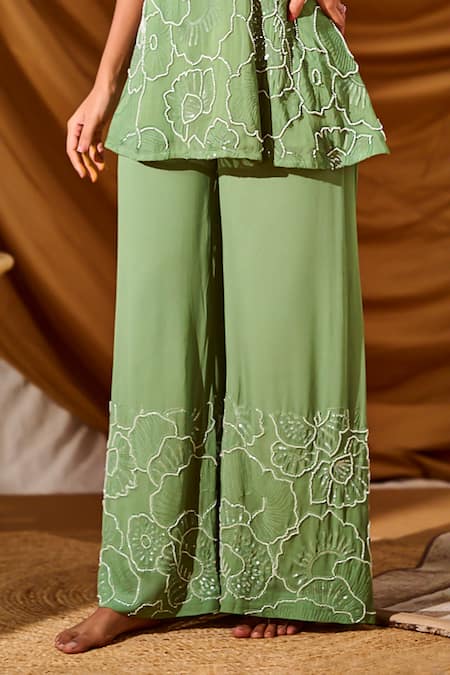 Meenal Paraswani_Green Viscose, Georgette Chains, Embroidery, Chikankari Peplum Top And Pant Set _Online_at_Aza_Fashions