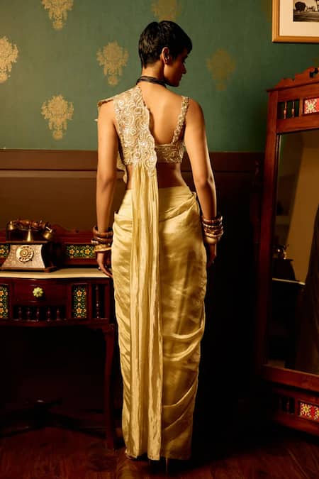 Shop_Reeti Arneja - Theklub_Beige Tissue Zari Square Neck Embroidered Pre-draped Saree Set _at_Aza_Fashions