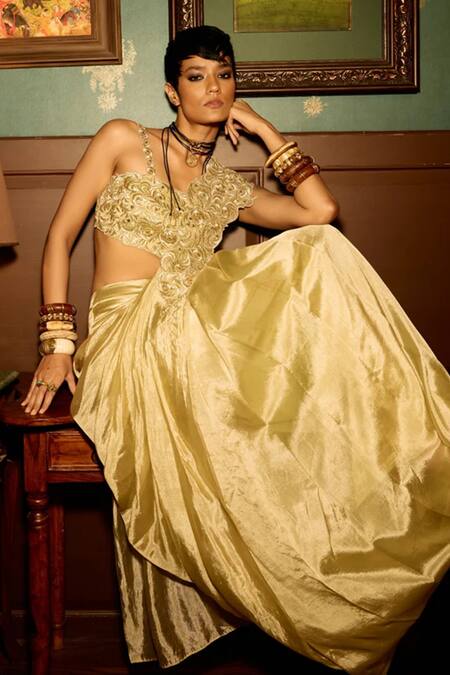 Reeti Arneja - Theklub_Beige Tissue Zari Square Neck Embroidered Pre-draped Saree Set _Online_at_Aza_Fashions