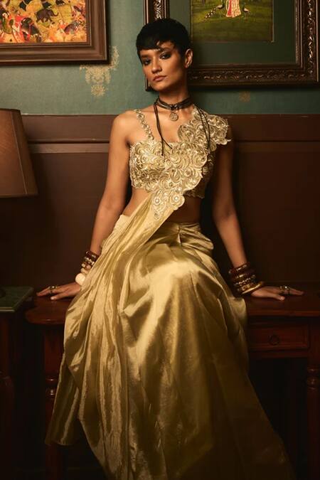 Shop_Reeti Arneja - Theklub_Beige Tissue Zari Square Neck Embroidered Pre-draped Saree Set _Online_at_Aza_Fashions