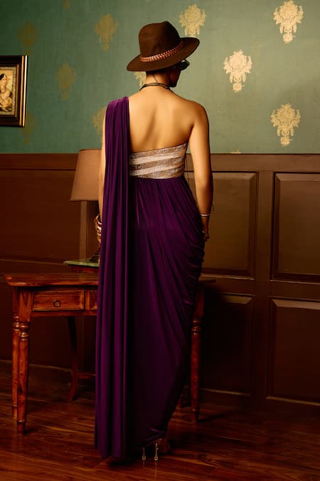 Reeti Arneja - Theklub Wine Shimmer Embroidered Draped Saree Gown 