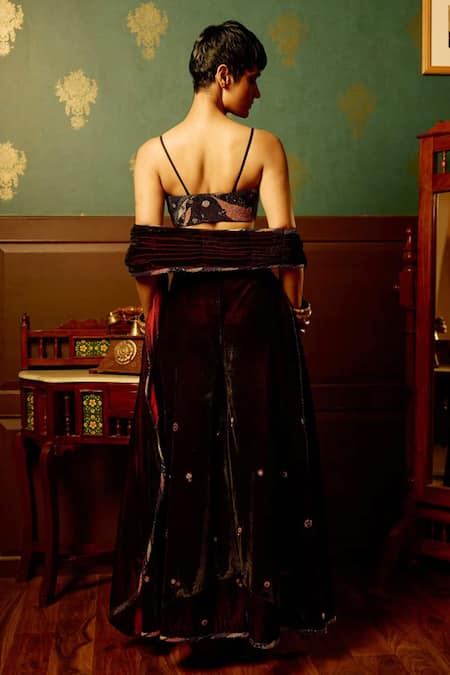 Reeti Arneja - Theklub_Multi Color Microfiber Embroidery Scoop Black Pre-draped Saree And Corset Blouse _Online_at_Aza_Fashions