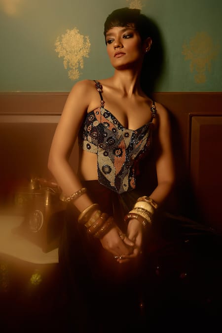 Buy_Reeti Arneja - Theklub_Multi Color Microfiber Embroidery Scoop Black Pre-draped Saree And Corset Blouse _Online_at_Aza_Fashions