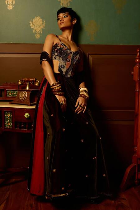 Reeti Arneja - Theklub_Multi Color Microfiber Embroidery Scoop Black Pre-draped Saree And Corset Blouse _at_Aza_Fashions