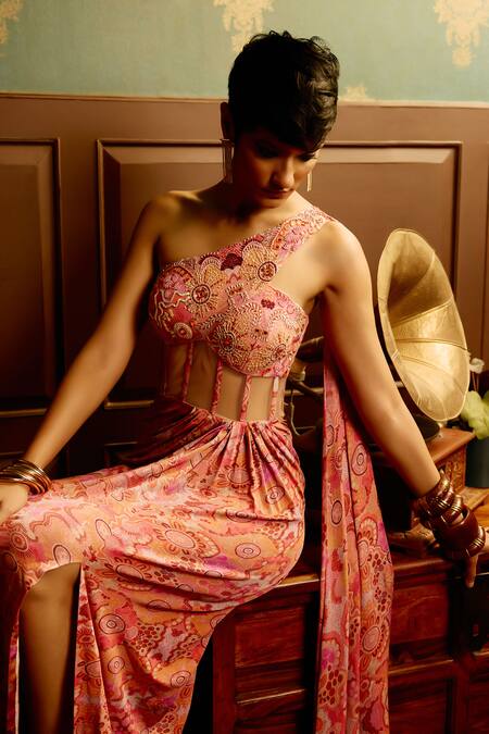 Buy_Reeti Arneja - Theklub_Multi Color Georgette Embroidery Kaleidoscopic Print One Shoulder Saree Gown _Online_at_Aza_Fashions