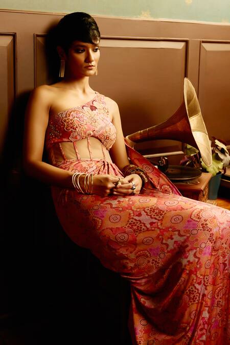 Shop_Reeti Arneja - Theklub_Multi Color Georgette Embroidery Kaleidoscopic Print One Shoulder Saree Gown _Online_at_Aza_Fashions