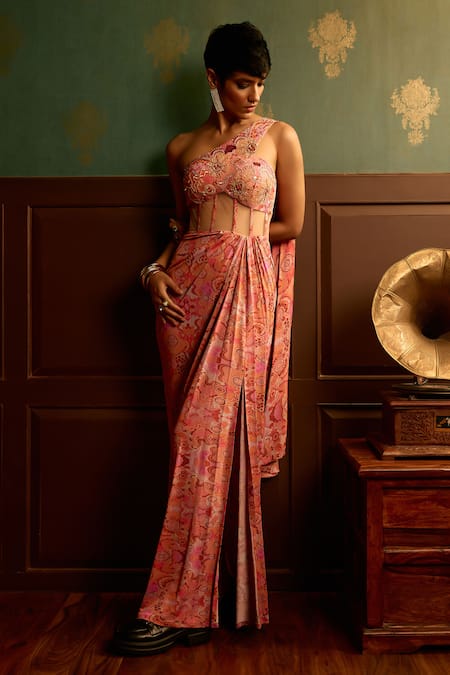 Shop_Reeti Arneja - Theklub_Multi Color Georgette Embroidery Kaleidoscopic Print One Shoulder Saree Gown 