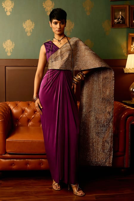 Reeti Arneja Shimmer Embroidered Purple Saree Gown 