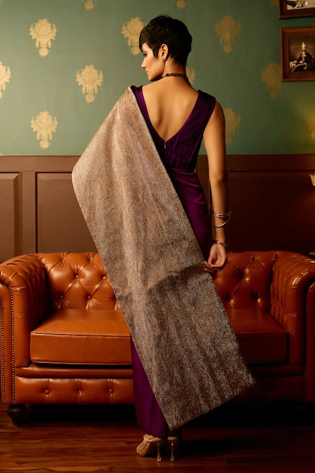 Reeti Arneja - Theklub Shimmer Embroidered Purple Saree Gown 