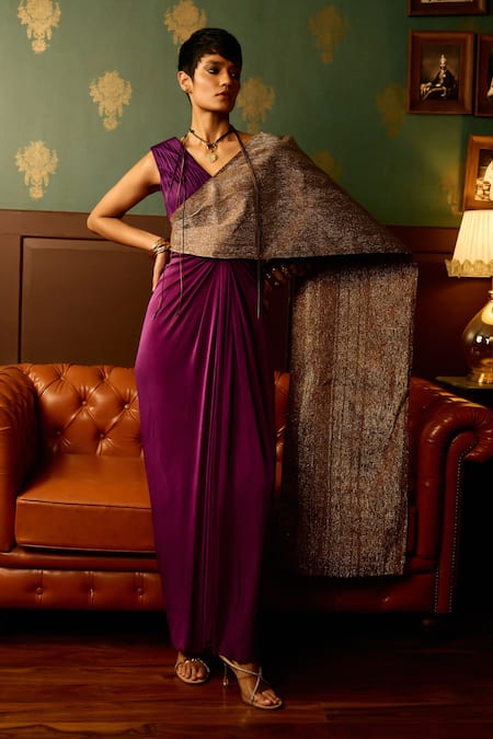 Buy_Reeti Arneja - Theklub_Purple Lycra Sequins V-neck Shimmer Embroidered Saree Gown _Online_at_Aza_Fashions