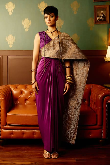 Shop_Reeti Arneja - Theklub_Purple Lycra Sequins V-neck Shimmer Embroidered Saree Gown _Online_at_Aza_Fashions