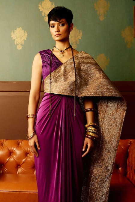 Reeti Arneja - Theklub Purple Lycra Sequins V-neck Shimmer Embroidered Saree Gown at Aza Fashions Reeti Arneja - Theklub_Purple Lycra Sequins V-neck Shimmer Embroidered Saree Gown _at_Aza_Fashions
