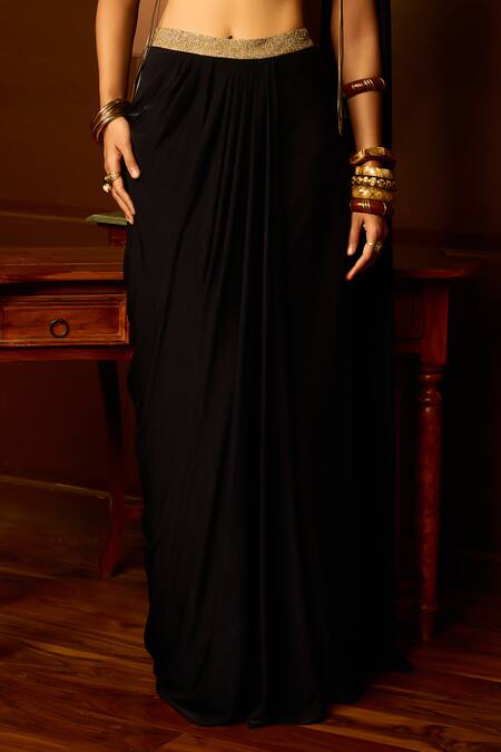 Buy_Reeti Arneja - Theklub_Black Lycra Embroidery V-neck Colorblock Shimmer Blouse And Skirt Set _Online_at_Aza_Fashions