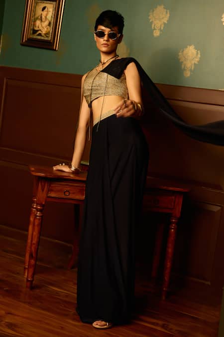 Shop_Reeti Arneja - Theklub_Black Lycra Embroidery V-neck Colorblock Shimmer Blouse And Skirt Set _Online_at_Aza_Fashions